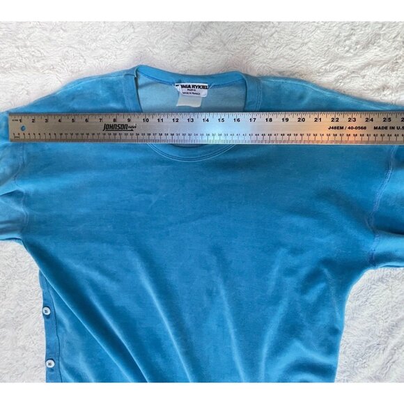 Vintage Sonia Rykiel Paris Women's 3/4 Sleeve Midi Dress Blue Side-Button Detail - Picture 4 of 7